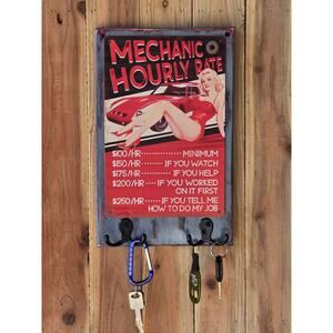 Mechanic Shop Sign Mounted on Solid Wood with hooks Handmade Rustic Vintage Look